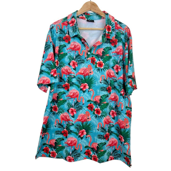 Yatta Other - Yatta Golf Polo Shirt Men‎ XL Pink Flamingo Hawaiian Performance Stretch Wicking